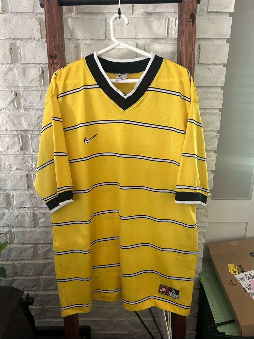 Vintage 90s Nike Team Striped Yellow Soccer Jersey Mens XL